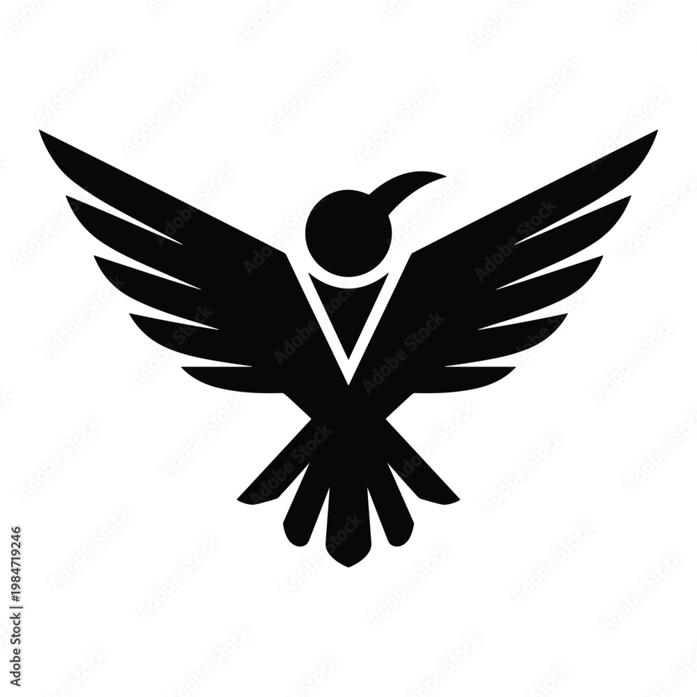 Fototapeta premium Stylized black silhouette of a bird with outstretched wings isolated on a white background