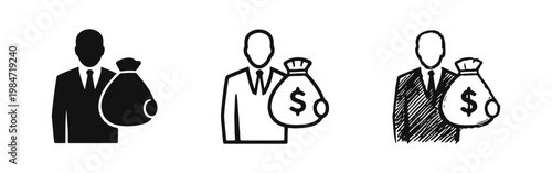 Wealthy Businessman and Cash Bag Icons for Investment and Banking