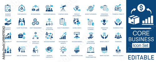 Core Business and corporate strategy solid icon set. Featuring vision, revenue model, market expansion, digital transformation, and business growth. Vector icons for presentations and annual reports.