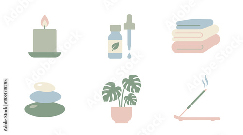 Relaxation ambiance with candle, plant, towels, and stones for calmness and serenity indoors.