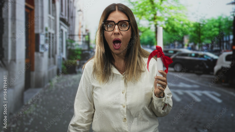Obraz premium Woman holding rolled diploma tied with red ribbon and wearing glasses, mouth open as if exclaiming, standing in a city street by parked cars and stone building; surprise achievement.