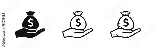 Hand Holding Money Bag Icon Set for Donation and Funding