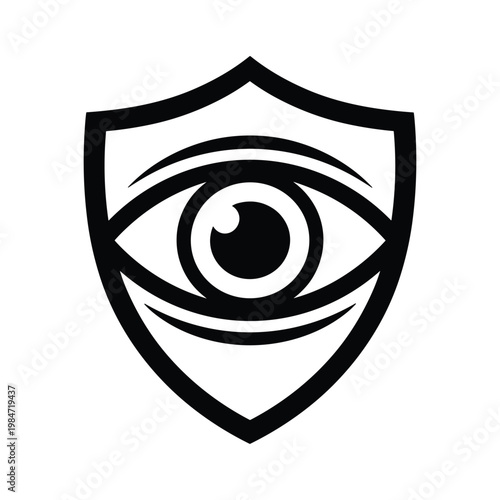 Stylized eye symbol within a black shield shape on a transparent background for security concepts