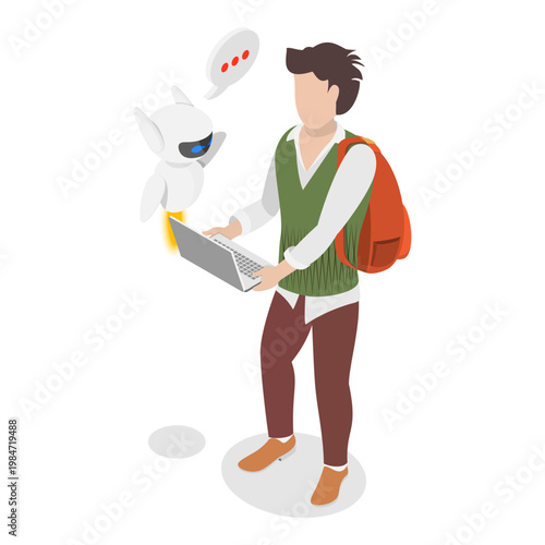 3D Isometric Flat Vector Illustration of Learning and AI Technologies, Artificial Intelligence in School Education. Item 1