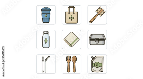 Eco friendly icons of daily use items on white background for infographics