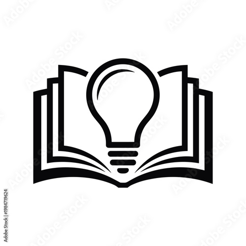 Stylized graphic representation of an open book with a glowing light bulb emerging from its pages symbolizing knowledge and new ideas