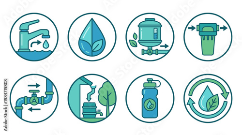 Eco friendly icons depict water conservation methods and sustainable practices in daily life scenes.