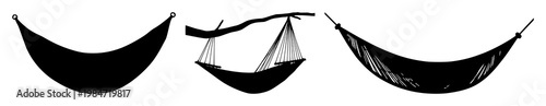 Hammock set with a simple black silhouette design featuring relaxation, leisure, summer with comfort and tranquility