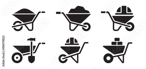 Wheelbarrow construction silhouette vector icon set building and gardening transport tool symbols illustration collection