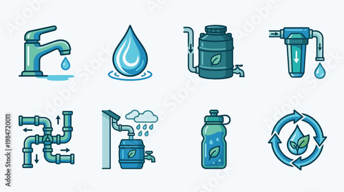Illustrations of water filtration systems and icons for clean drinking water and recycling process