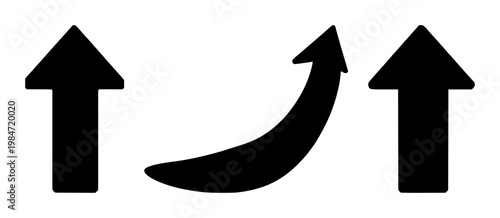 Upward arrow icon set with solid black illustration and white background featuring arrow, icon, navigation with white background and black color