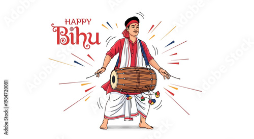 Colorful vector art celebrating the Assam harvest festival with a man in traditional dress playing a dhol drum amidst festive decorations, conveying a vibrant, joyous mood against a clean