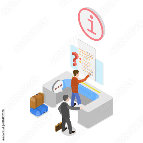 3D Isometric Flat Vector Illustration of Customer Support Desk, Characters Seek Assistance From Information Desk Staff. Item 2