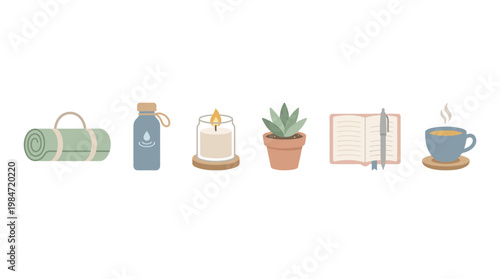 The illustration depicts a serene scene with a yoga mat, water bottle, candle, plant, and a cup of coffee.