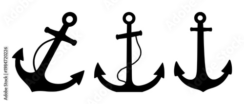 Anchor set with black silhouette on white background featuring nautical, maritime, sailboat iconography with waves and boat