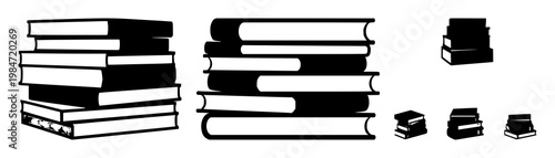 Books set with minimalist black icon stack illustration on white background depicting layered booky silhouette design featuring books, stack, icon with minimalism and flat design