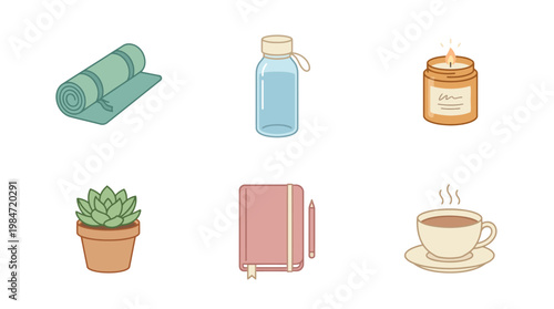 The illustration shows a serene scene with a rolled yoga mat, water bottle, lit candle, potted plant, journal with pencil, and a steaming cup of coffee on a saucer.
