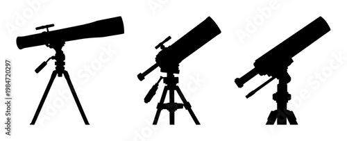Telescope set with black silhouette on white background featuring telescope, astronomy, night sky with black and white and silhouette