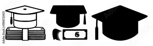 Scholarship money icon set with solid black icon on white background featuring scholarship, money, icon with black and white