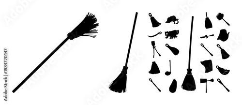 Broomstick set with single black silhouette on white background featuring broom, wand, darkness with Halloween and witchcraft