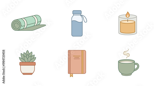 Relaxing scene with yoga mat, water bottle, candle, plant, book, and coffee cup indoors.