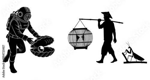 Scuba diver with giant pearl and man carrying birdcage with insect silhouette