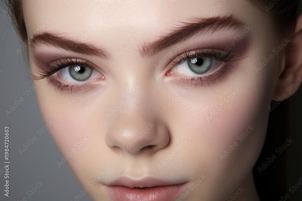 Fototapeta premium Woman's close up portrait with perfect skin, stylish eyeshadow, and natural eyebrows