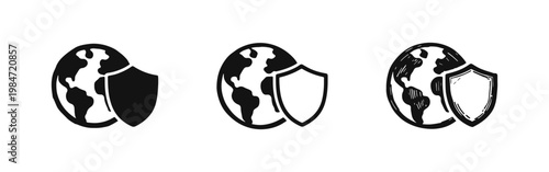 World Security Icon Set - Earth Planet and Shield Vector Illustration