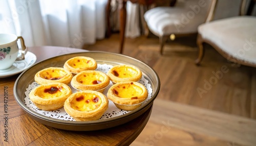Golden Custard Egg Tarts, Flaky Pastry Delight on a Decorative Tray, Served with Floral Tea Cup in Elegant Room.