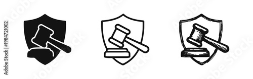 Justice and Security Icon Set - Law Gavel with Shield Vector Graphic