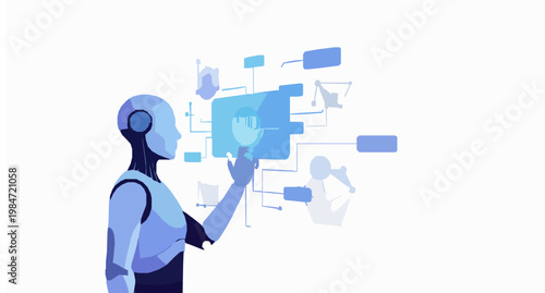 Futuristic robot interacting with big data network vector AI technology and machine learning concept