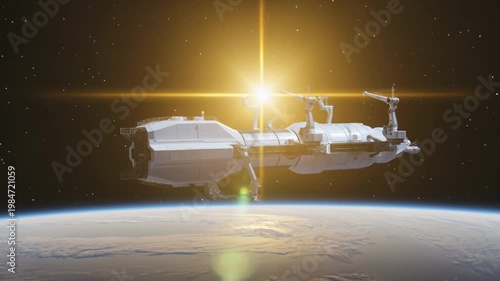 Golden Star Illuminating a White Spacecraft Repair Dock in Orbit With Robotic Cranes Working
