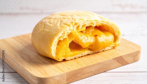 Soft, Pillowy Steamed Custard Bun Revealing a Warm, Creamy Yellow Filling on a Wooden Board
