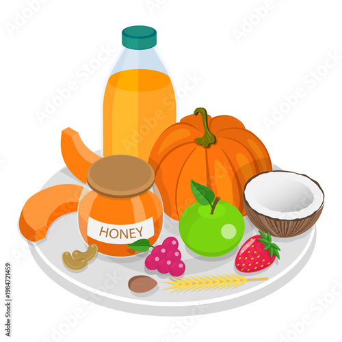 3D Isometric Flat Vector Set of Vegetarian Food Plates, Organic Grocery Products. Item 6