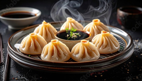 Steaming Xiao Long Bao Dumplings with Savory Soy Dipping Sauce, A Delightful Asian Culinary Experience