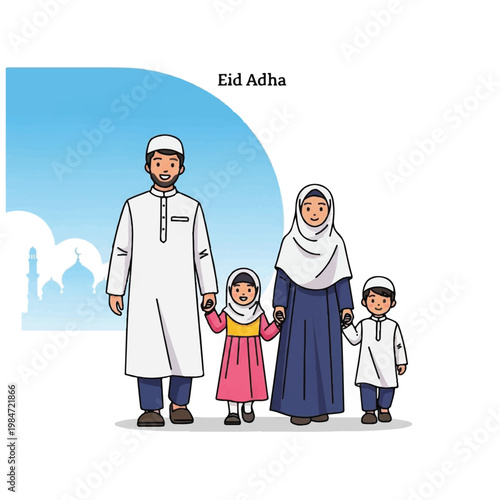 Muslim family in traditional clothing standing.