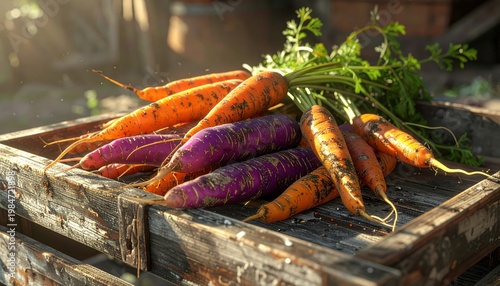 Vibrant heirloom carrots, both orange and purple, resting in a rustic wooden crate bathed in warm sunlight, showcasing nature's bounty.