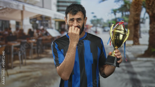 Man in soccer uniform holding trophy and biting fingernails at a street cafe promenade; nervousness doubt.