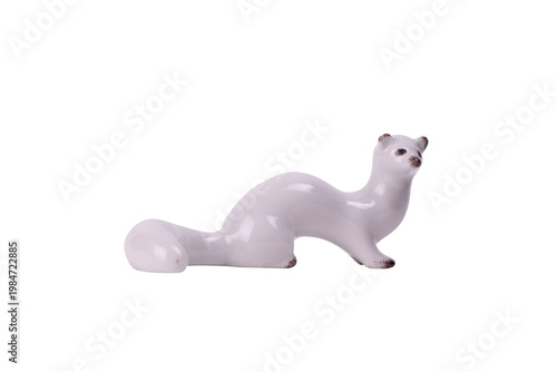 Vintage white ceramic figurine of a ferret or ermine with smooth glossy surface and subtle brown details, isolated on white background. Elegant decorative animal sculpture made in USSR