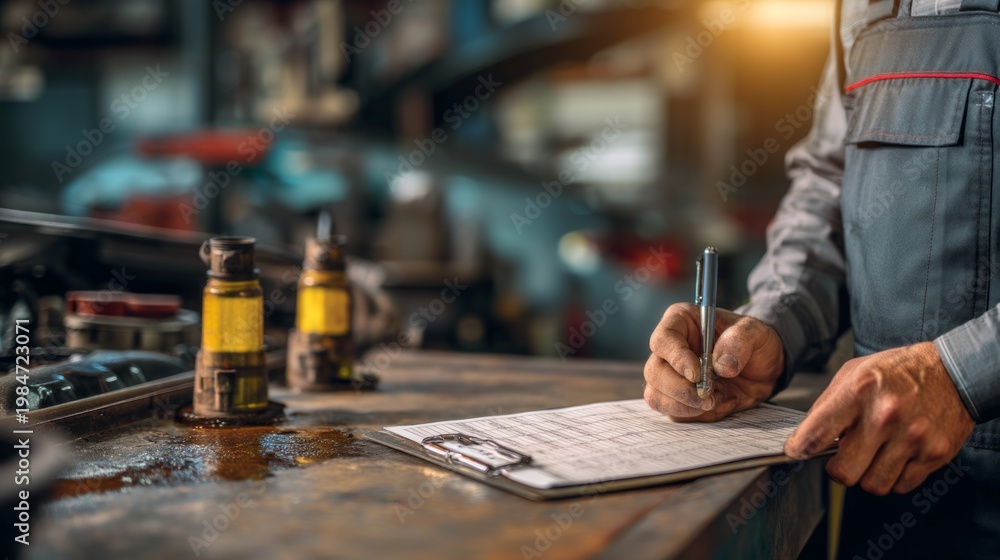 Obraz premium Mechanic Filling Out Service Checklist on Clipboard in Auto Repair Shop