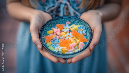 Woman holding a blue bowl of colorful cereal pieces in her hands