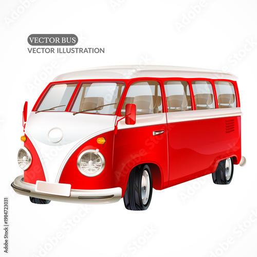Red vector retro bus on white background.