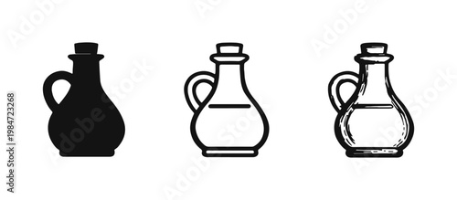Olive oil bottle jug icon set in flat, outline, and hand-drawn styles
