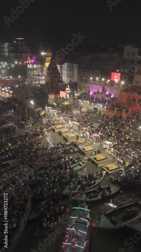 Vertical 4K Drone Footage of Ganga Aarti at Dashashwamedh Ghat, Varanasi | Aerial View of Spiritual Ritual on River Ganga in Banaras, India