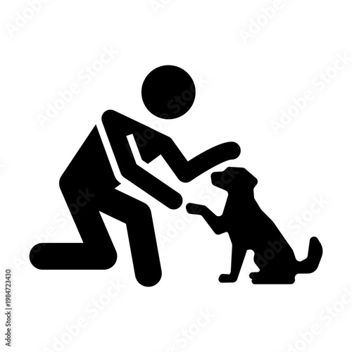 man petting a dog clip art icon symbol, friendship concept, pet owner, obedience trainig, best friend, trained dog, positive emotion, isolated vector illustration
