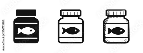 Omega-3 fish oil bottle icons with three different graphic styles