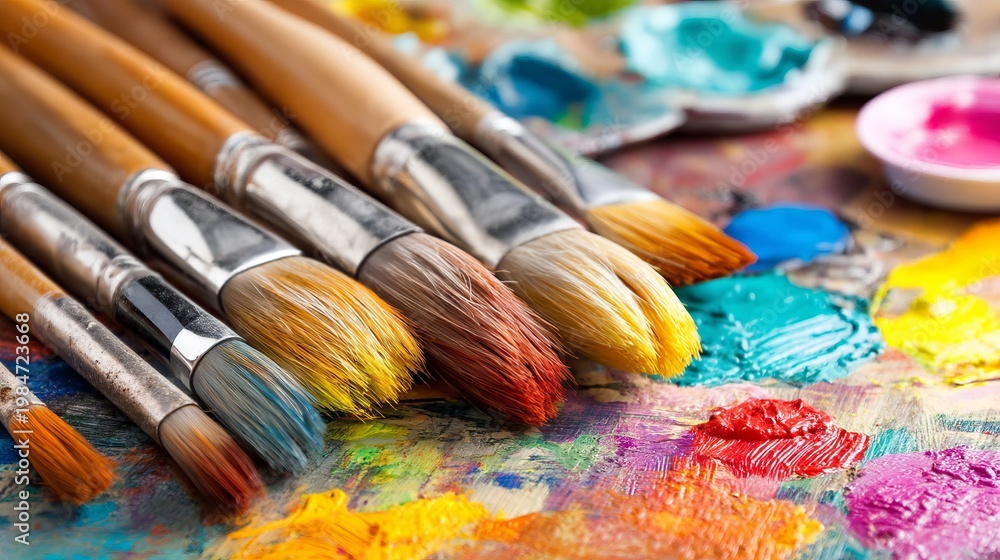 Obraz premium Colorful Paint Strokes and Brushes on Canvas Surface for Artistic Creation