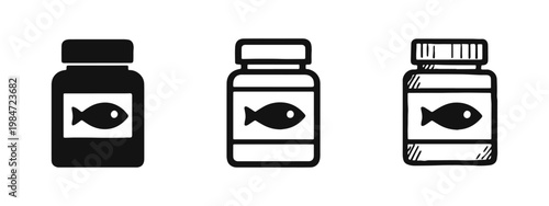 Fish oil supplement bottle icon set in flat, outline, and hand-drawn styles