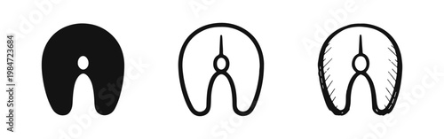 Salmon steak fish slice icon set in flat, outline, and hand-drawn styles
