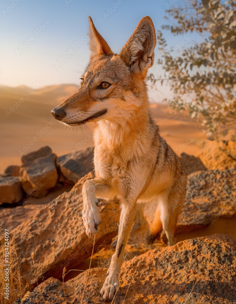Fototapeta premium Arabian Wolf Standing on Desert Rocks at Golden Sunset